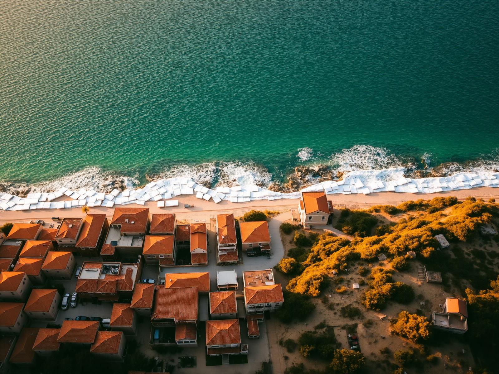 Aerial view of a Mediterranean coastline at golden hour